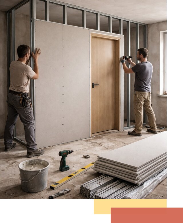 Перегородка из гипсокартона с дверью под ключ в мирном