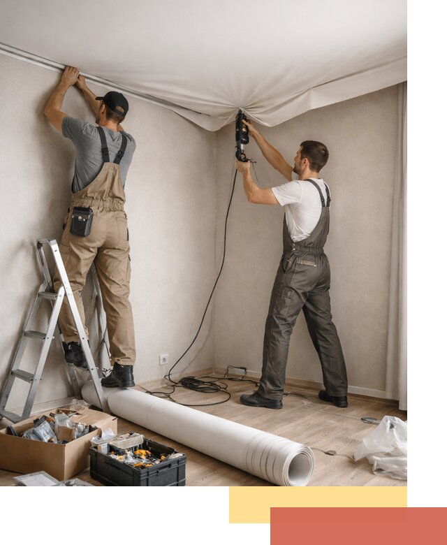 Монтаж цветного натяжного потолка в мирном за один день