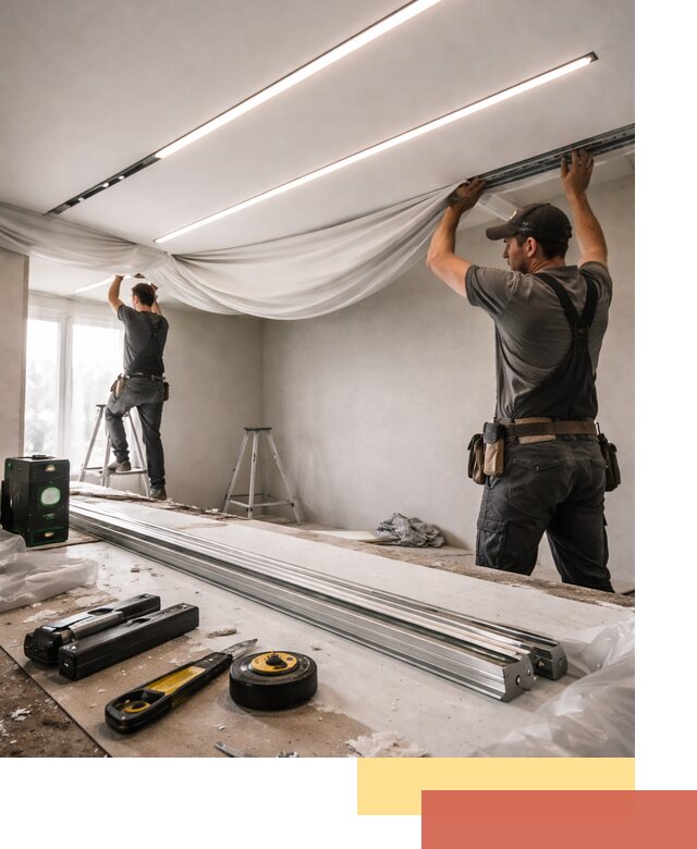 Монтаж натяжных потолков со световыми линиями в мирном