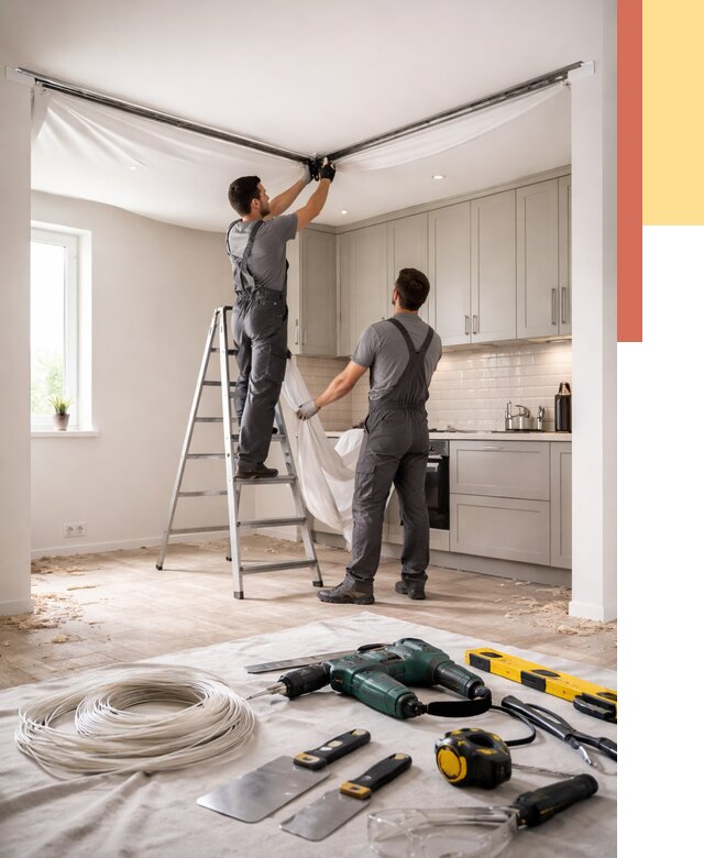 Установка натяжного потолка на кухне в мирном от 2426 руб. | ОТДЕЛОЧНИК-Мир