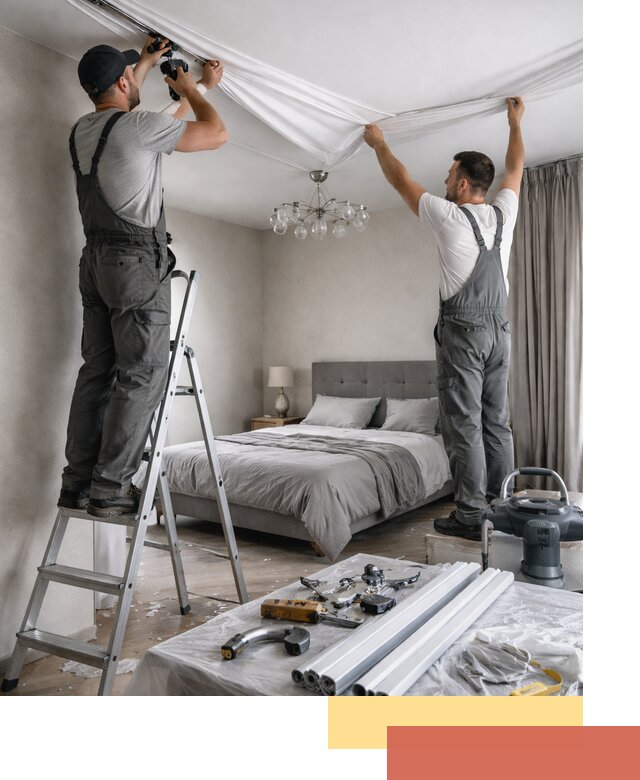 Монтаж натяжного потолка в спальне в мирном