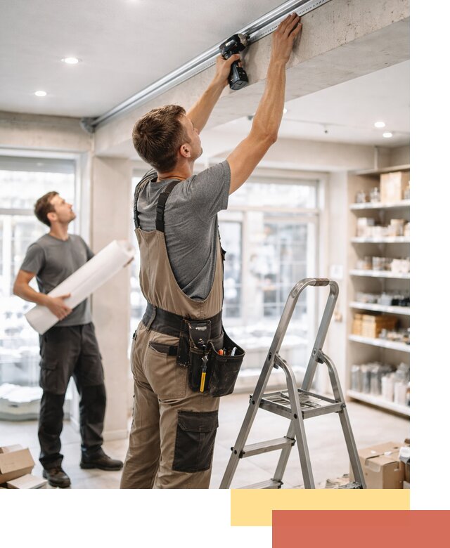 Монтаж натяжных потолков в магазине в мирном