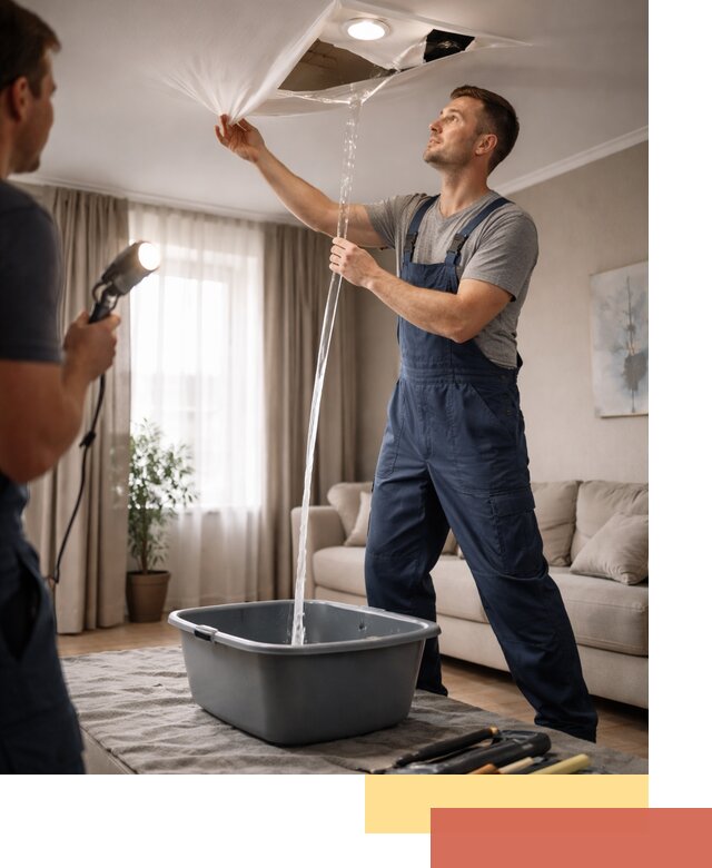 Слив воды с натяжного потолка в мирном быстро и аккуратно