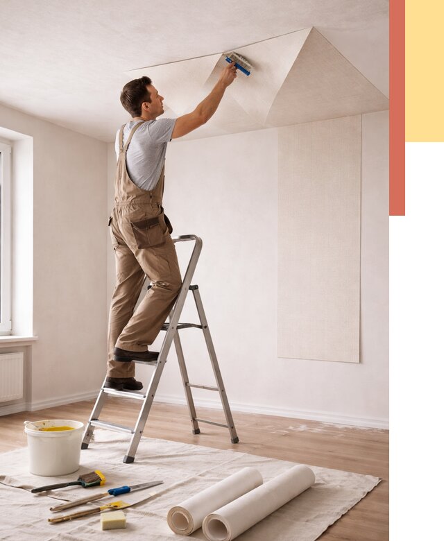 Поклейка обоев на потолок в мирном от 4549 руб. быстро и недорого | ОТДЕЛОЧНИК-Мир